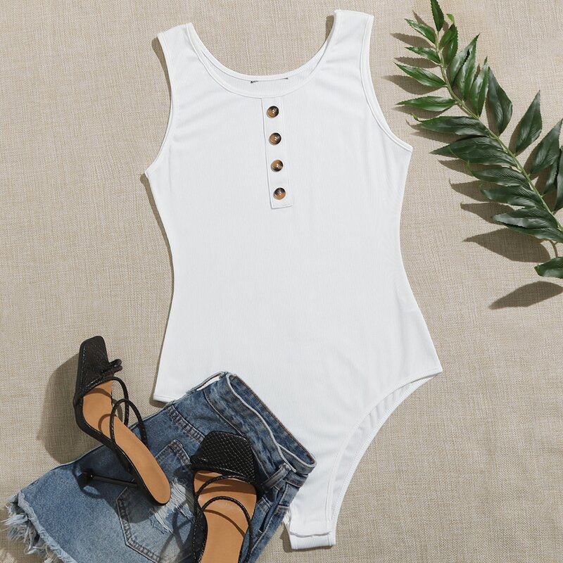 

Solid Button Bodysuit, White