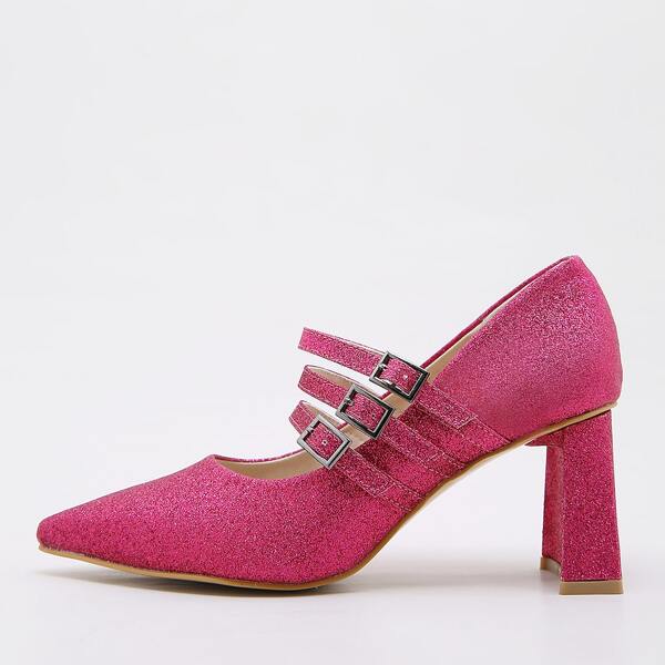 

Point Toe Glitter Decor Buckle Strap Pumps, Hot pink