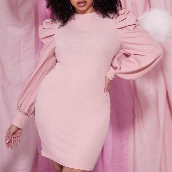 

Plus Gathered Sleeve Solid Dress, Pastel baby pink