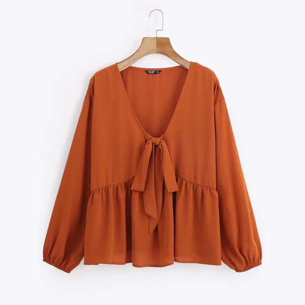 

Plus Solid Tie Front Peplum Blouse, Burnt orange