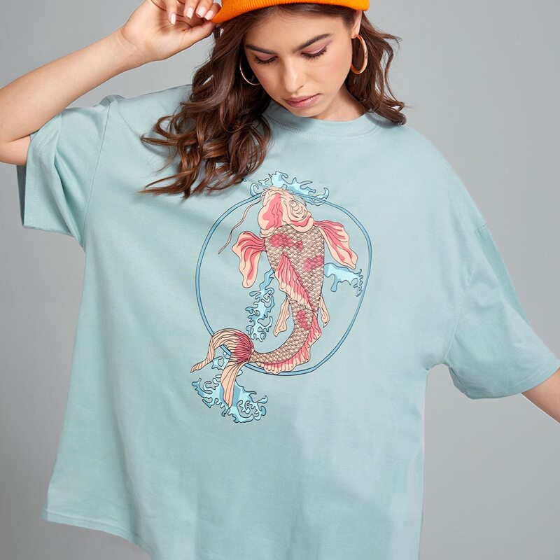 

Fish Graphic Oversized Tee, Mint green