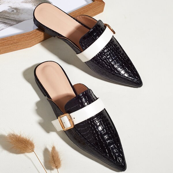 

Croc Embossed Buckle Decor Loafer Mules, Black