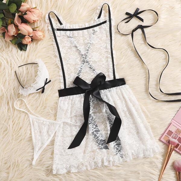 

4pack Floral Lace Knot Front Maid Costume Dress, White