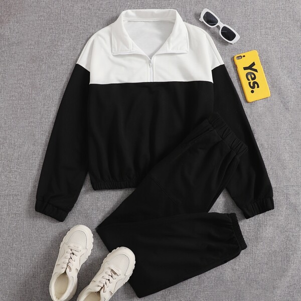 

Colorblock Half Placket Sweatshirt With Sweatpants, Black and white