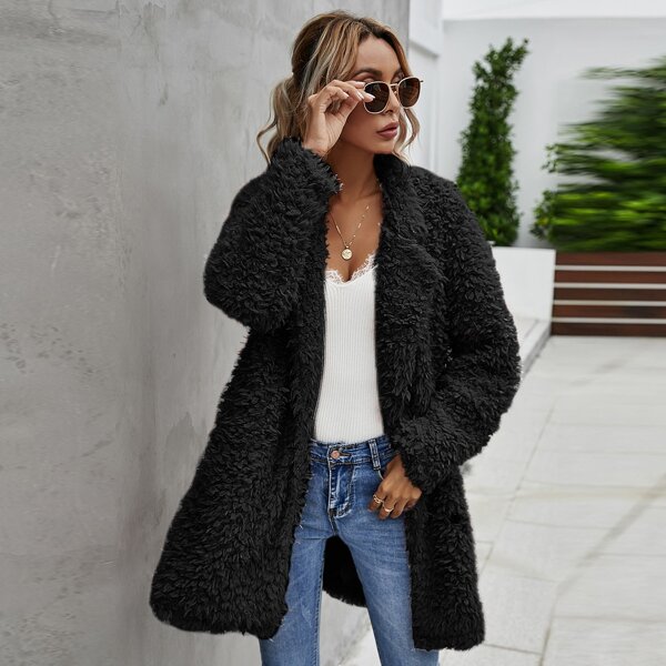 

Solid Button Front Lapel Collar Teddy Coat, Black