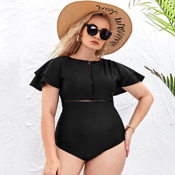 

Plus Ruffle Trim Cut-out Back One Piece Swimsuit, Black
