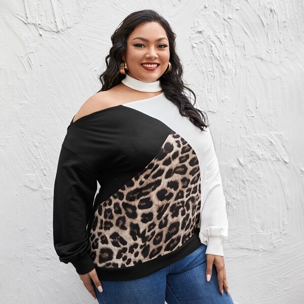 

Plus Asymmetrical Neck Color-block Sweatshirt, Multicolor
