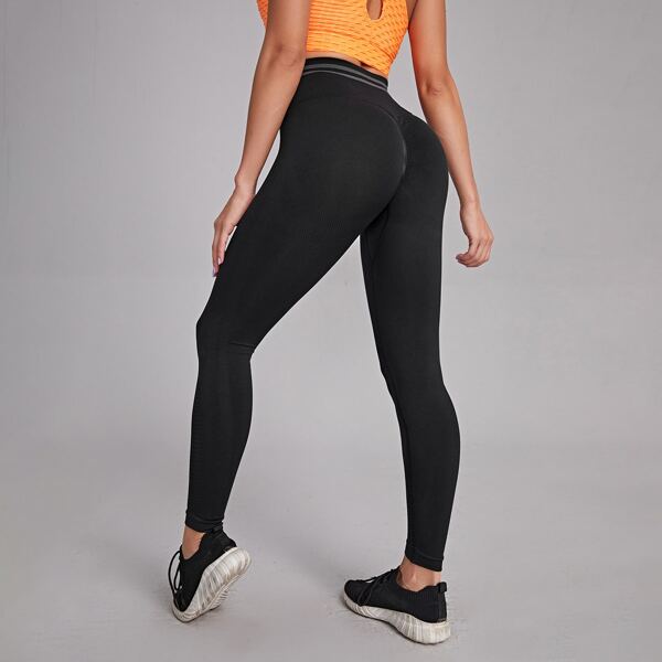 

Striped Wide Waistband Sports Leggings, Black