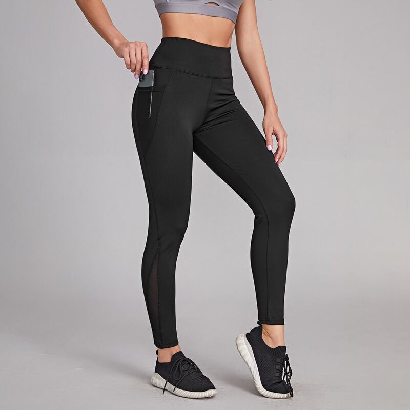 

Wide Waistband Sports Leggings With Phone Pocket, Black