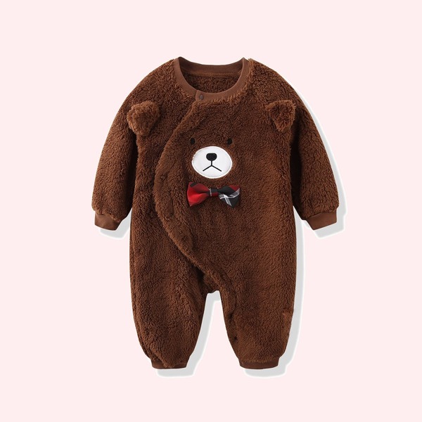 

Baby Unisex Cartoon Bear Embroidery Bow Front Teddy Jumpsuit, Coffee brown