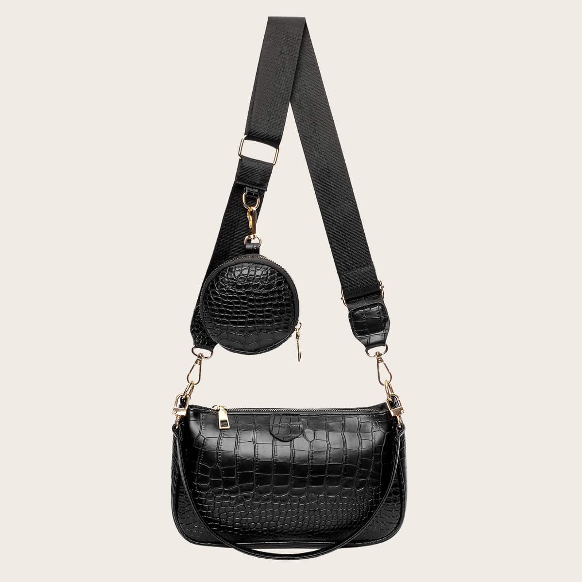 

Croc Embossed Baguette Bag With Coin Case, Black