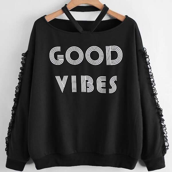 

Plus Letter Graphic Cold Shoulder Frill Sweatshirt, Black