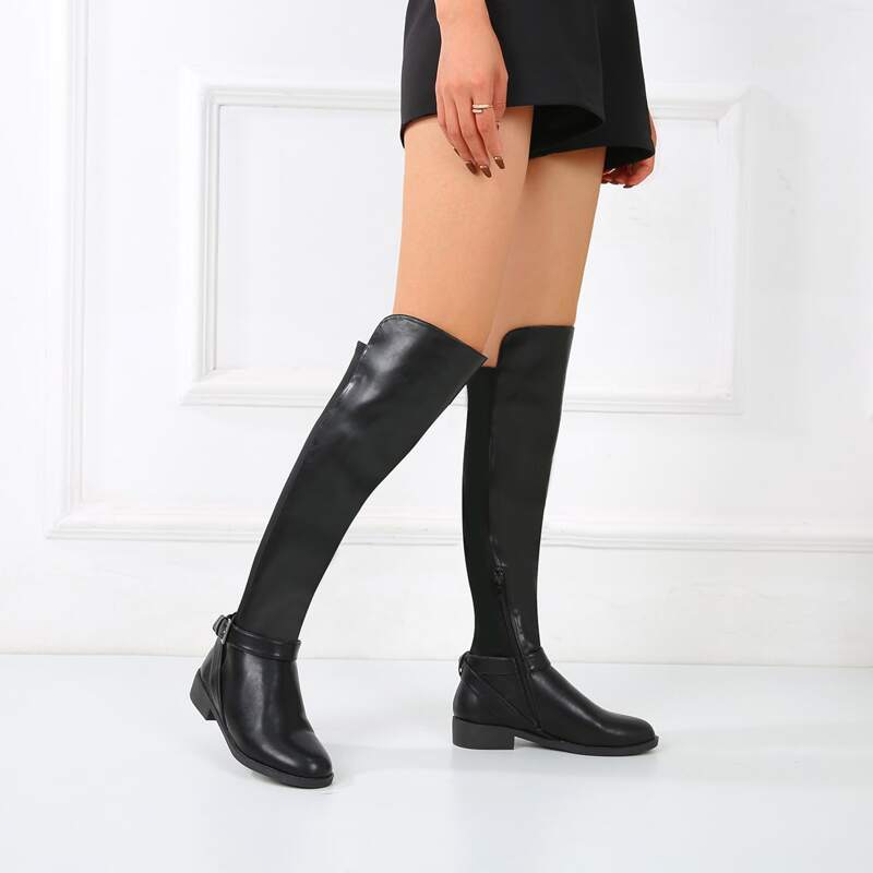 

Buckle Decor Block Heeled Knee Boots, Black