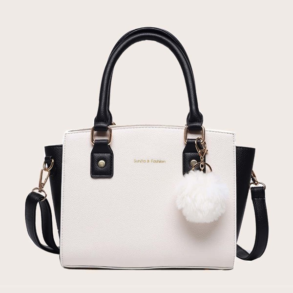 

Pom Pom Decor Satchel Bag, Beige