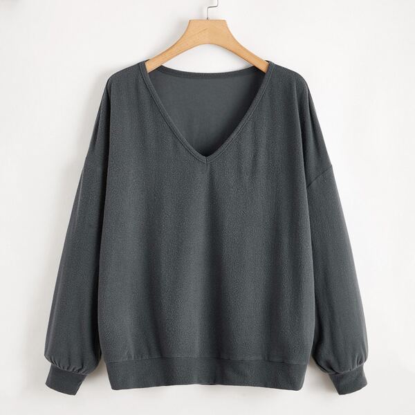 

Plus V-neck Drop Shoulder Thermal Sweatshirt, Dark grey