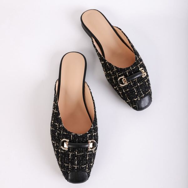 

Tweed Horsebit Decor Flat Mules, Black