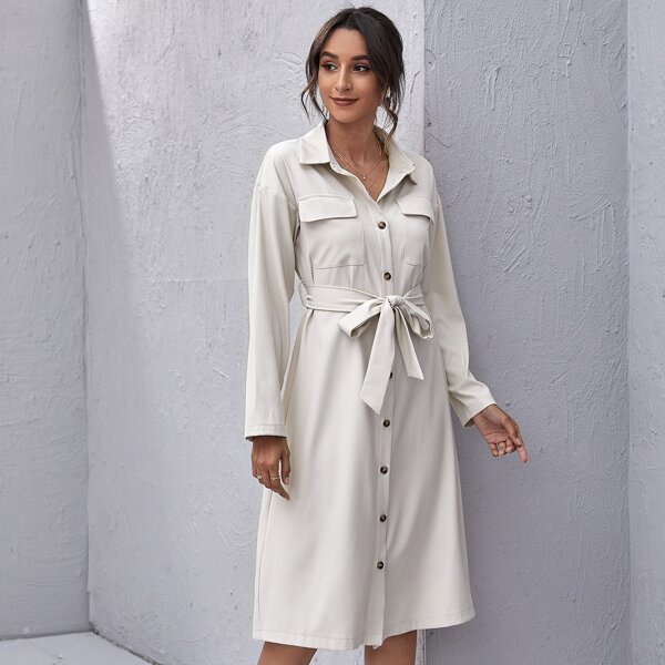 

Flap Pocket Button Front Belted Dress, Beige