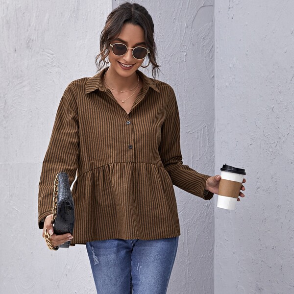 

Half Button Striped Peplum Top, Coffee brown