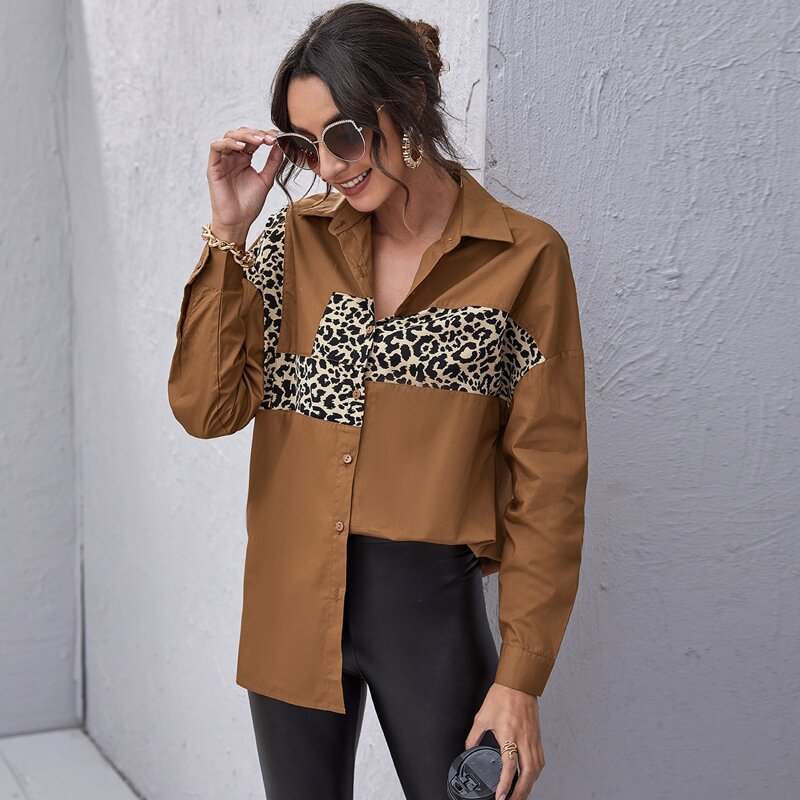 

Drop Shoulder Colorblock Leopard Longline Blouse, Brown