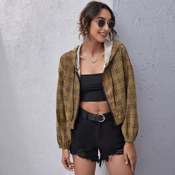

Zip Up Plaid Drawstring Hoodie, Multicolor