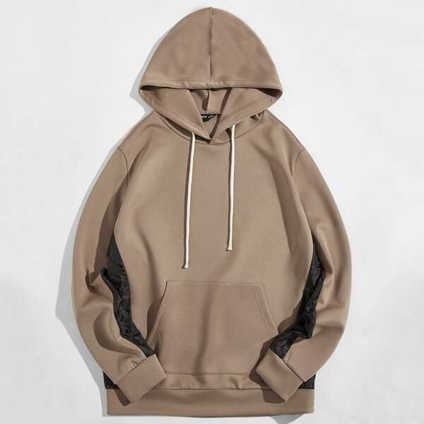 

Men Contrast Panel Pocket Front Hoodie, Mocha brown