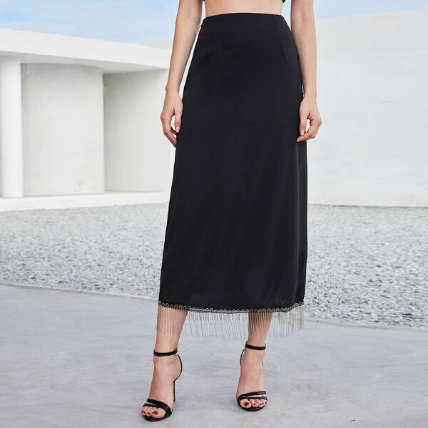 

Fringe Hem A-line Skirt, Black