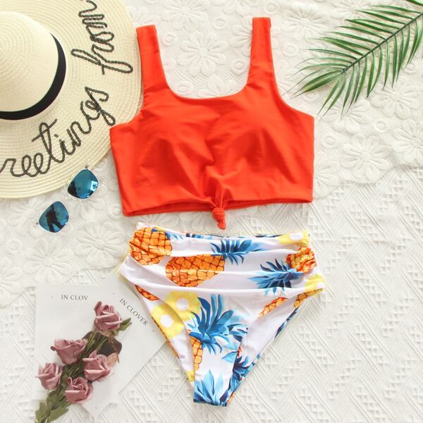 

Pineapple Print Knot Hem Ruched Bikini Swimsuit, Multicolor