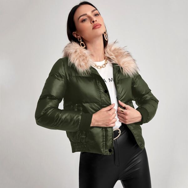 

Fuzzy Collar Puffer Jacket, Army green