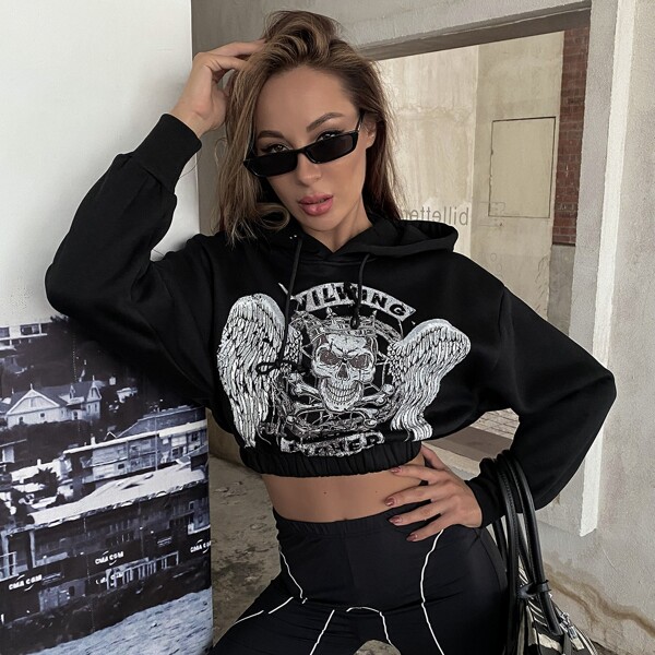 

Drop Shoulder Skull & Letter Graphic Thermal Drawstring Hoodie, Black