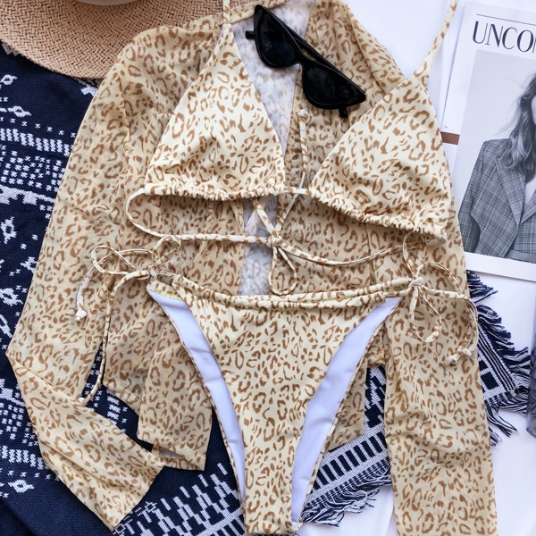 

3pack Leopard Triangle Bikini Swimsuit & Kimono, Multicolor