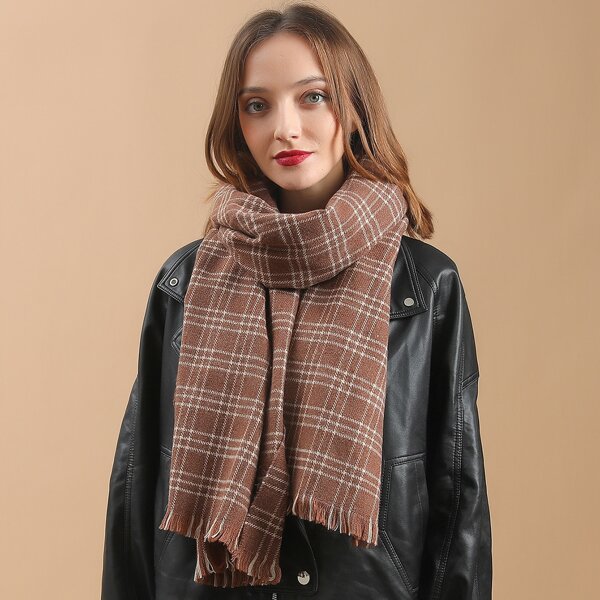 

Raw Hem Plaid Scarf, Coffee brown