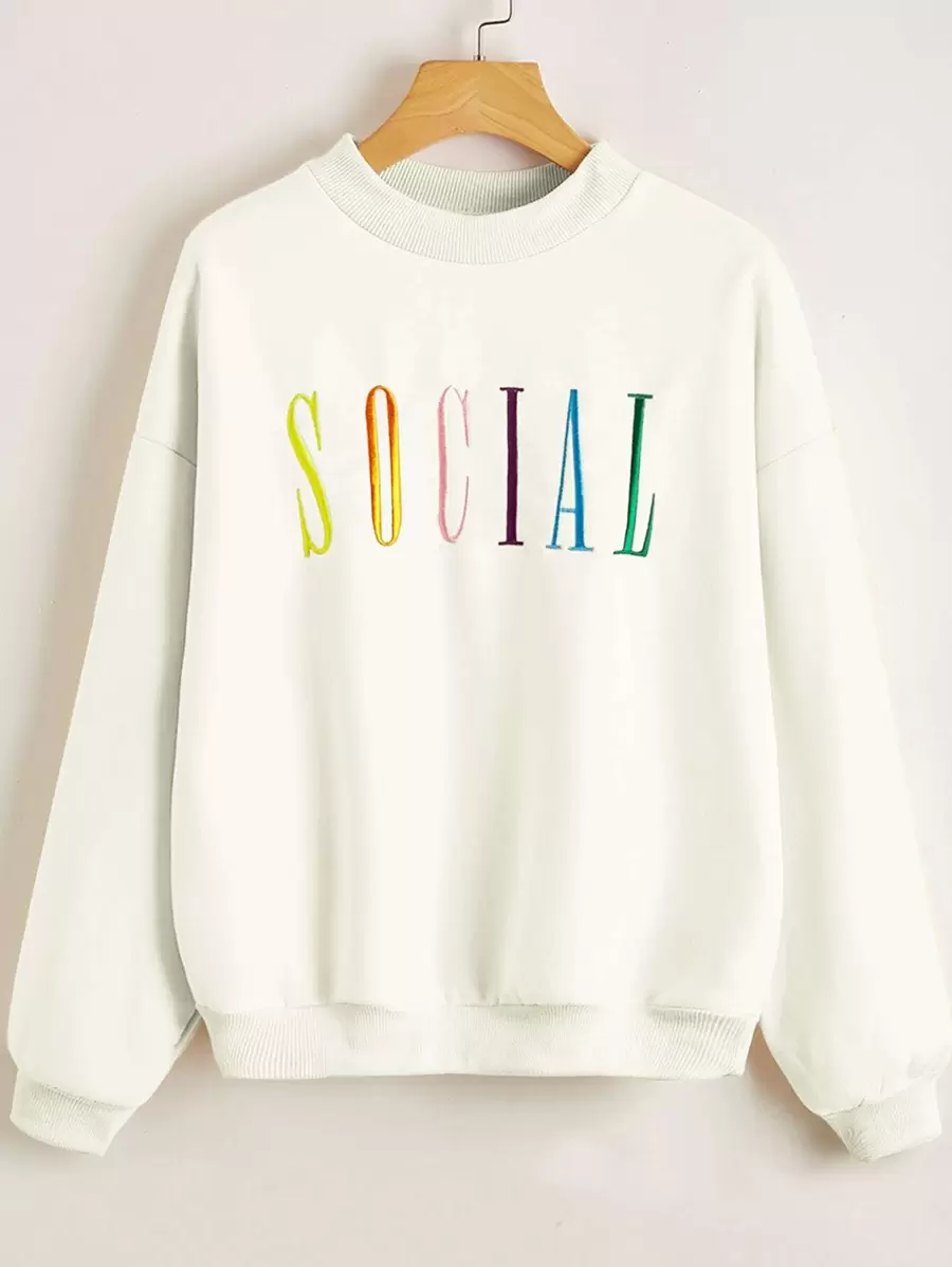 SHEIN MOOSTA Drop Shoulder Letter Embroidery Pullover