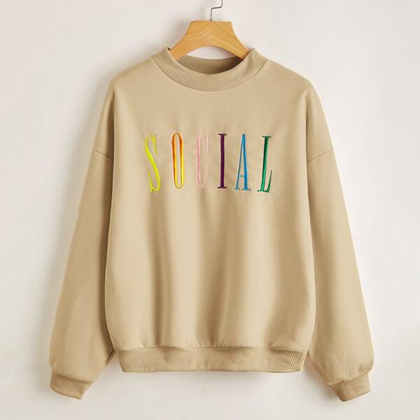 

Drop Shoulder Letter Embroidery Pullover, Khaki