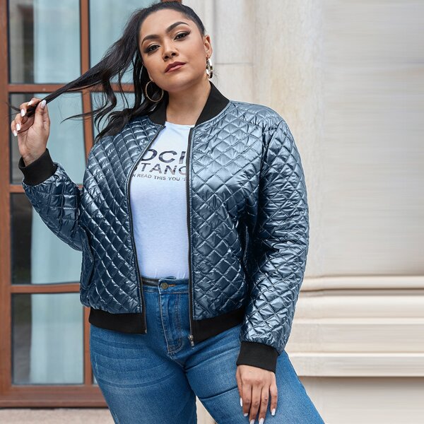 

Plus Zip Up Quilted Bomber Jacket, Dusty blue