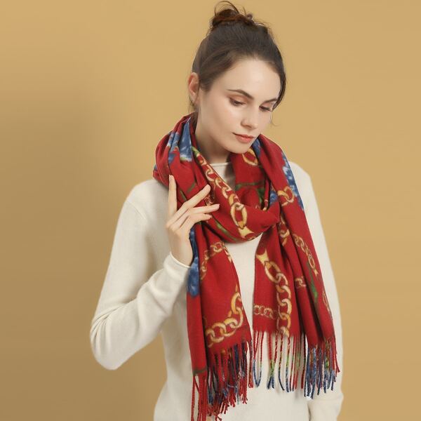 

Fringe Hem Chain Print Scarf, Red