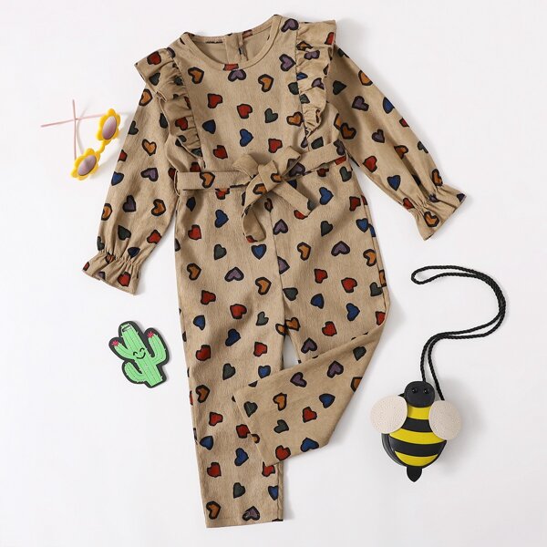 

Toddler Girls Corduroy Heart Print Ruffle Belted Jumpsuit, Khaki