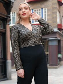 SHEIN Plus Surplice Neck Sequin Bodice Jumpsuit - Multicolor - View 3