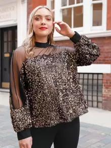 SHEIN Clasi Plus Sheer Mesh Yoke Sequin Top - Multicolor - View 3