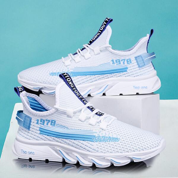 

Men Letter Graphic Lace-up Decor Sneakers, Blue and white