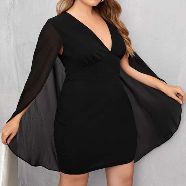

Plus V-neck Solid Cape Dress, Black