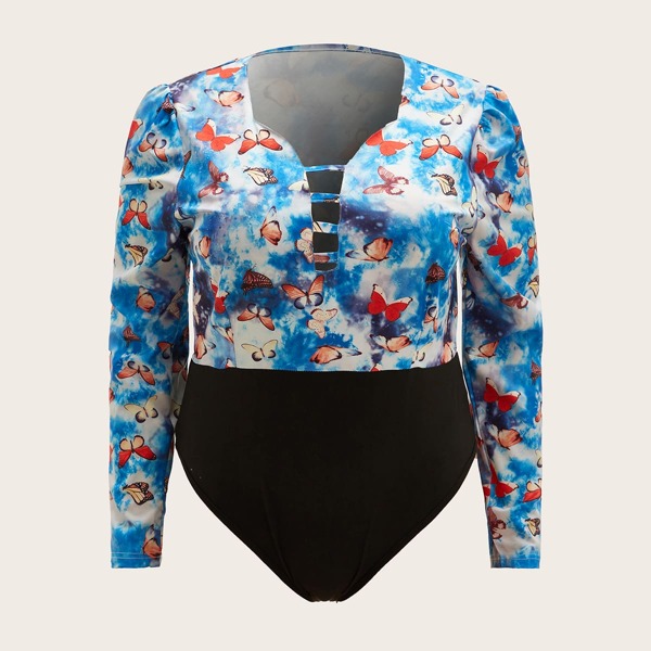 

Plus Butterfly And Tie Dye Print Bodysuit, Multicolor