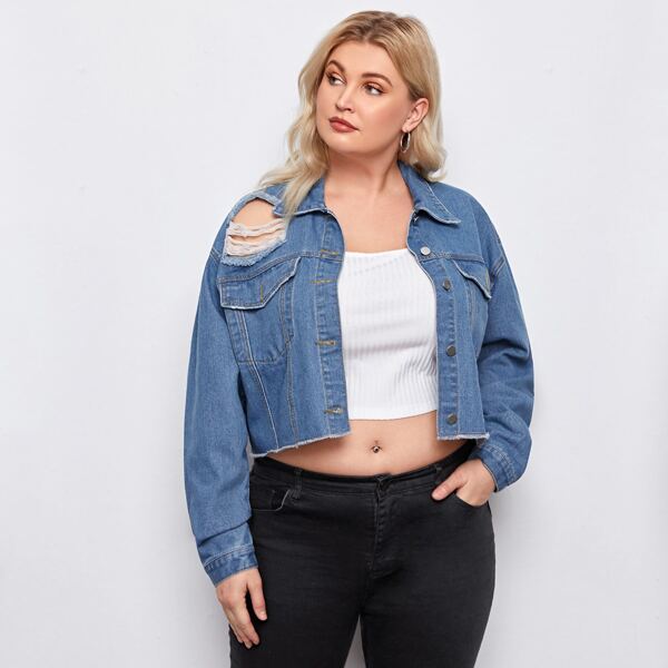 

Plus Drop Shoulder Ripped Denim Jacket, Medium wash