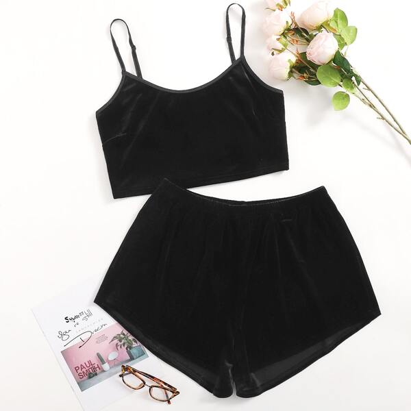 

Plus Velvet Solid Pajama Set, Black