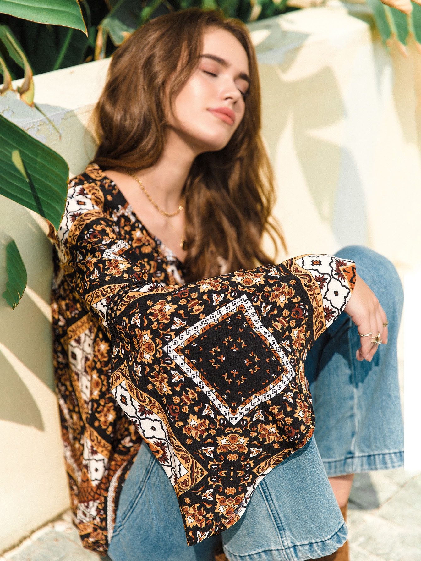 Bell Sleeve Fringe Strap Scarf Print Top thumbnail