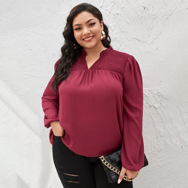 

Plus Notch Neck Lantern Sleeve Shirred Detail Top, Burgundy