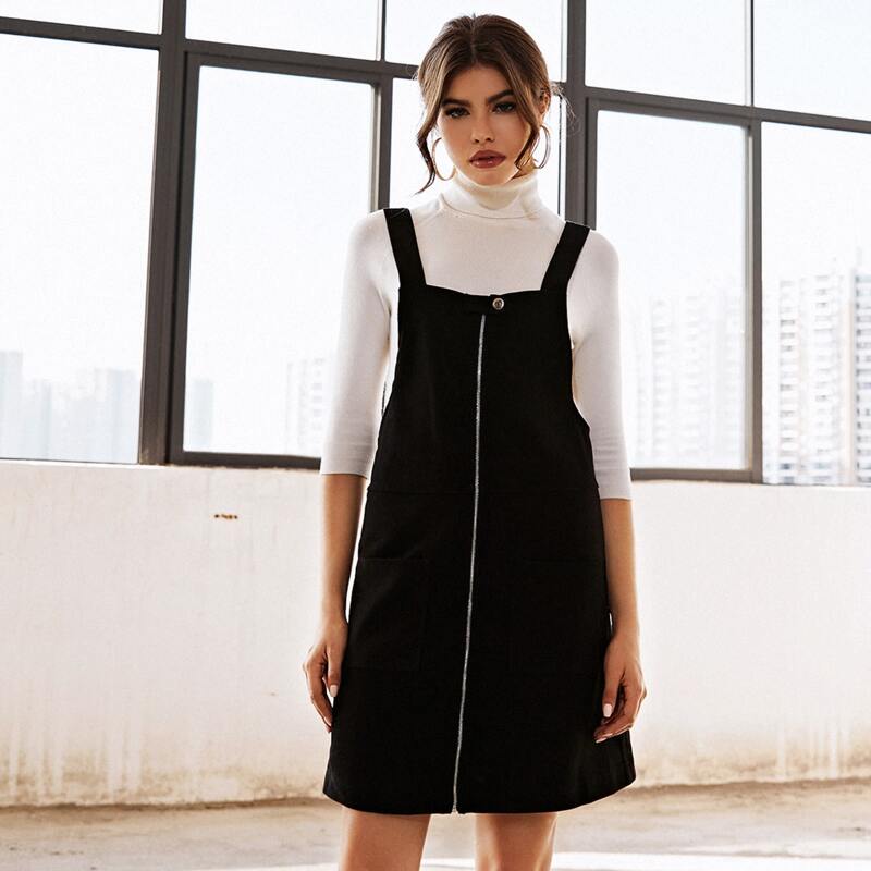 

Zip Up Cord Overall Dress, Black