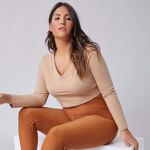 

Plus Wide Waistband Solid Leggings, Brown