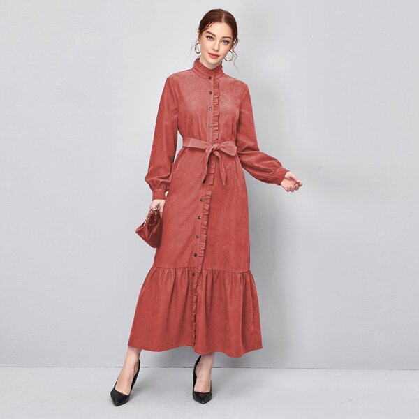 

Solid Frill Trim Belted Corduroy Shirt Dress, Redwood
