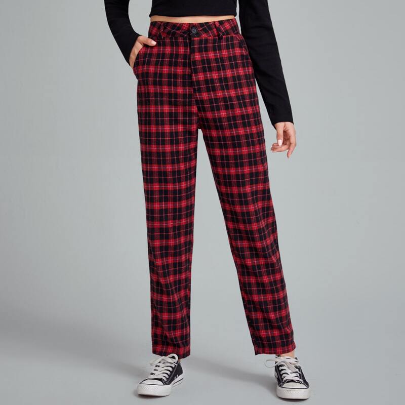 

Plaid Straight Leg Pants, Red