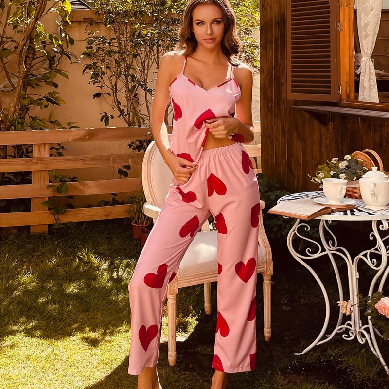 

Heart Print Cami Night Set, Baby pink